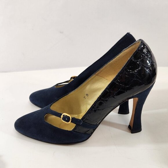 Amante Spain Dark Blue Suede Leather Heel Womens 7M Used With Shoe Bag - Picture 6 of 12